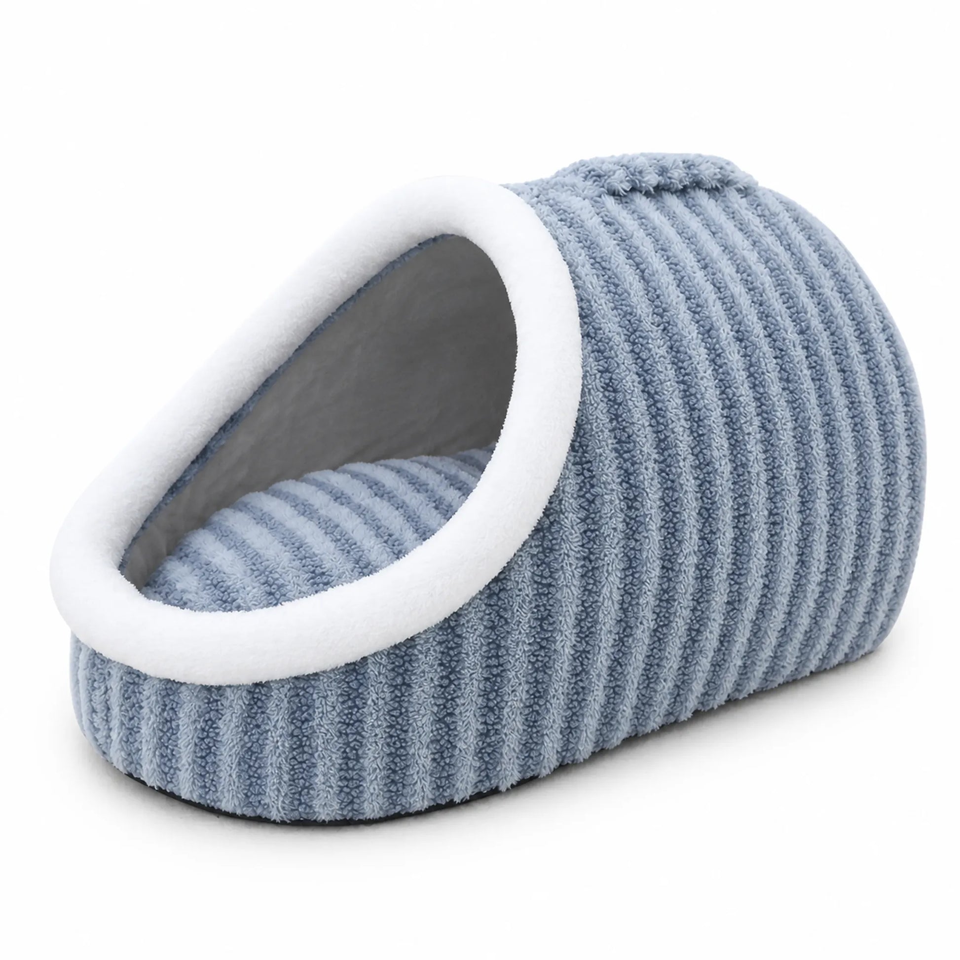 Dusty-blue slipper-shape plush pet cave bed with white plush trim and carry handle