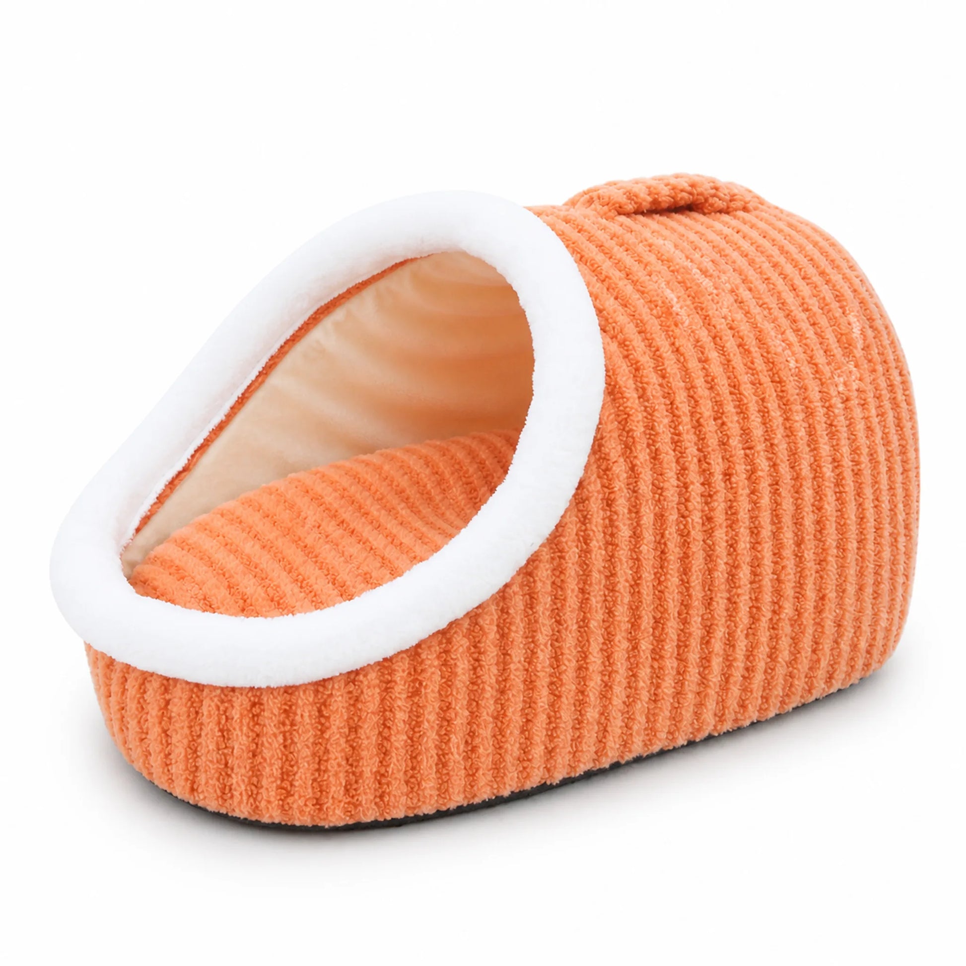 Warm-orange slipper-shape plush pet cave bed with white plush trim and carry handle