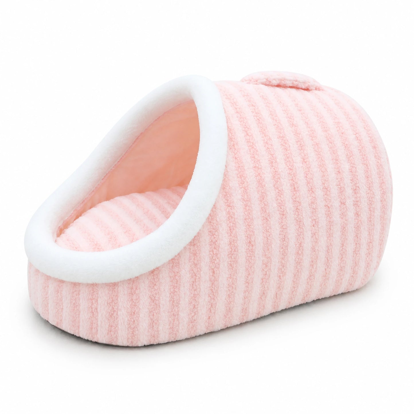 Pink slipper-shape plush pet cave bed with white plush trim and carry handle