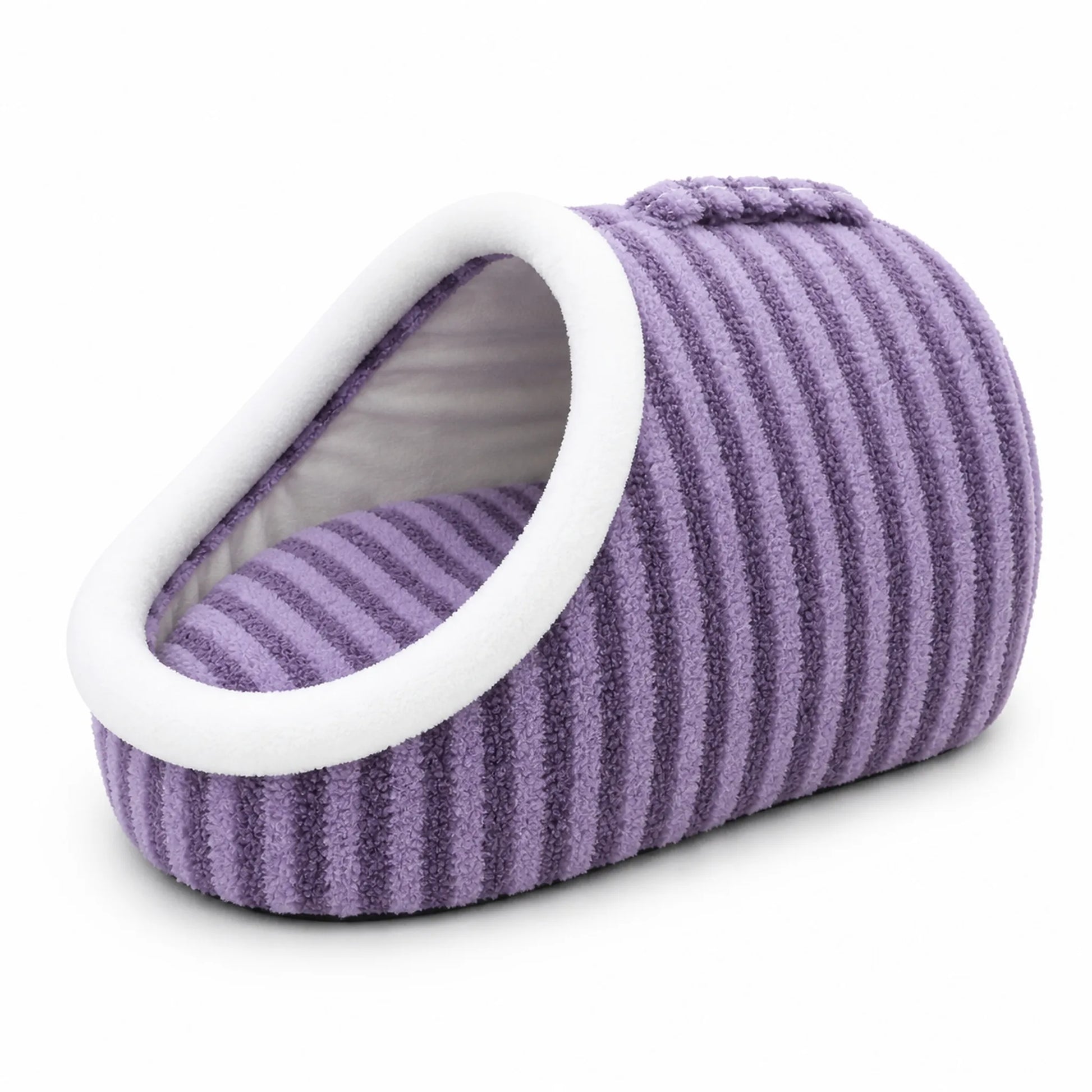Lavender-purple slipper-shape plush pet cave bed with white plush trim and carry handle