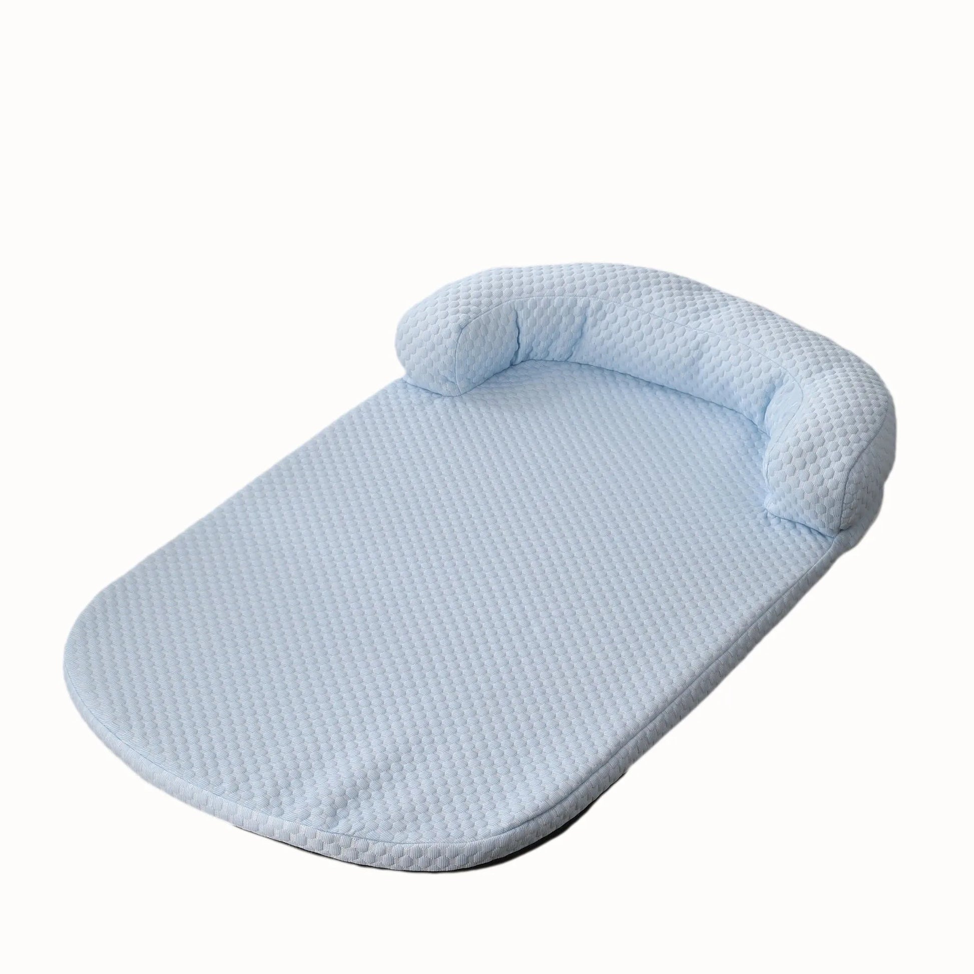 Blue ice-silk cooling pet bed with bolster pillow on white background
