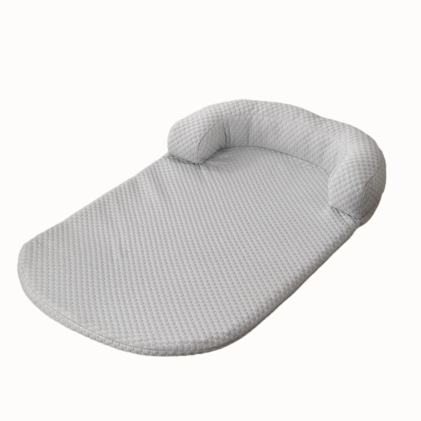 Gray ice-silk cooling pet bed with bolster pillow on white background