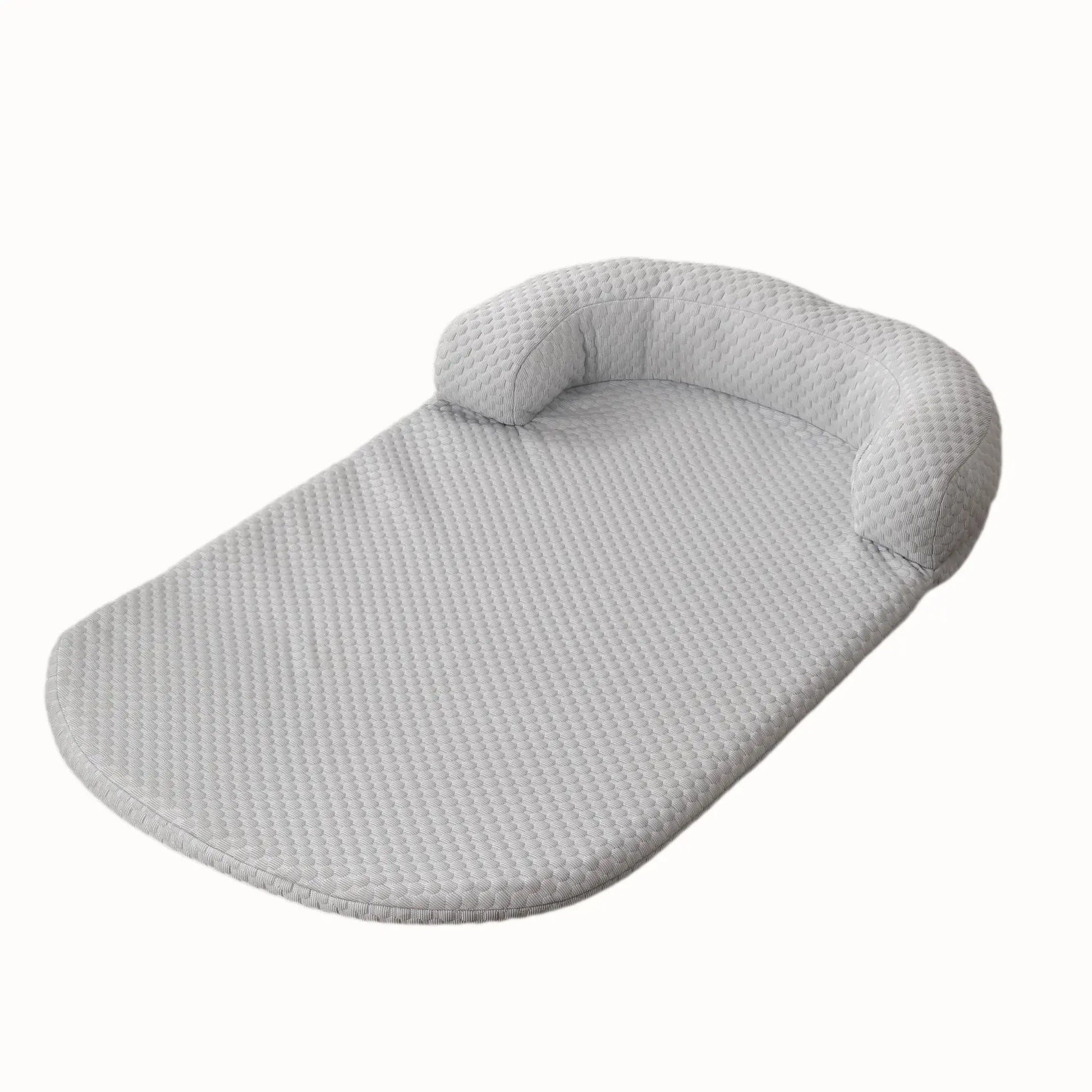 Gray ice-silk cooling pet bed with bolster pillow on white background