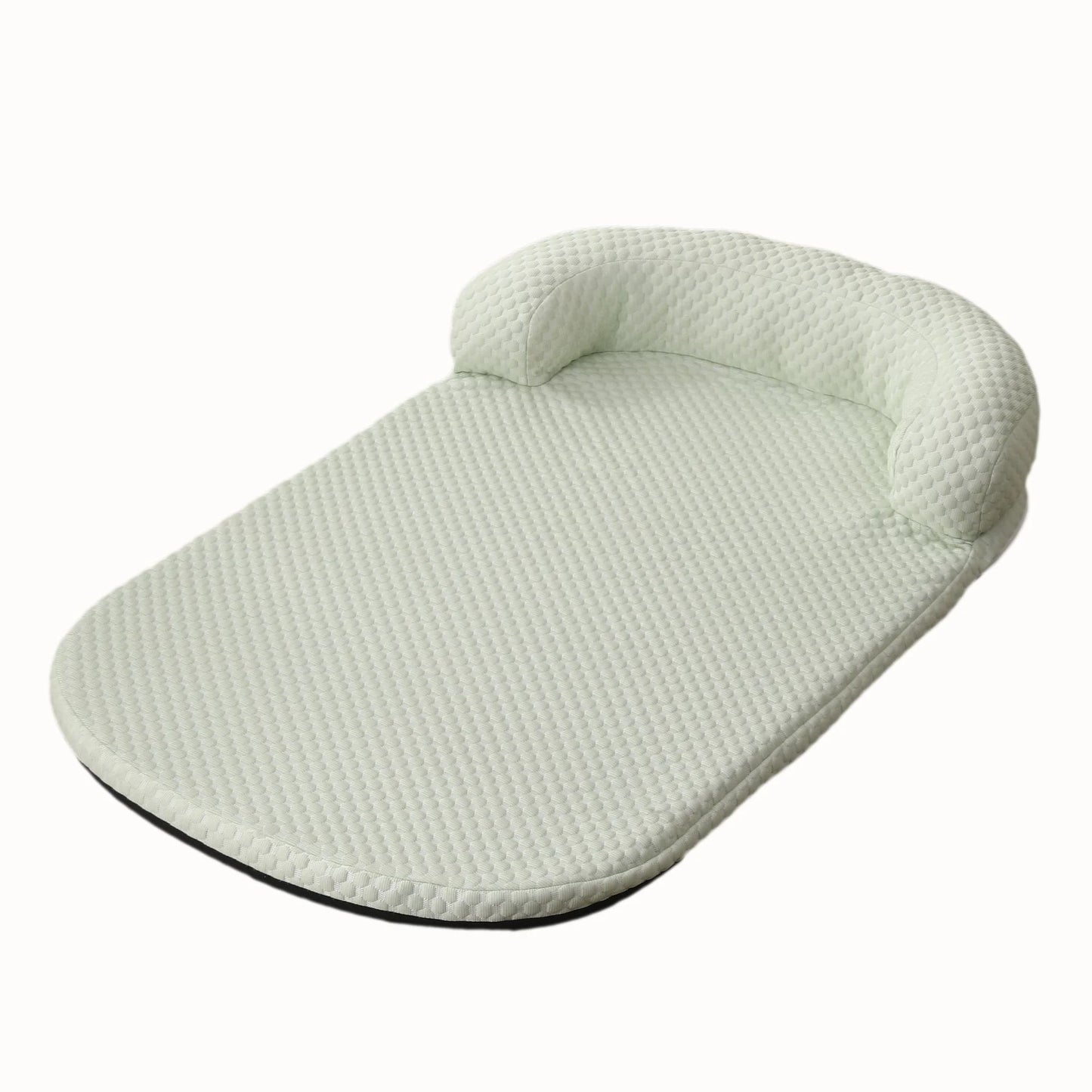 Mint green ice-silk cooling pet bed with bolster pillow on white background