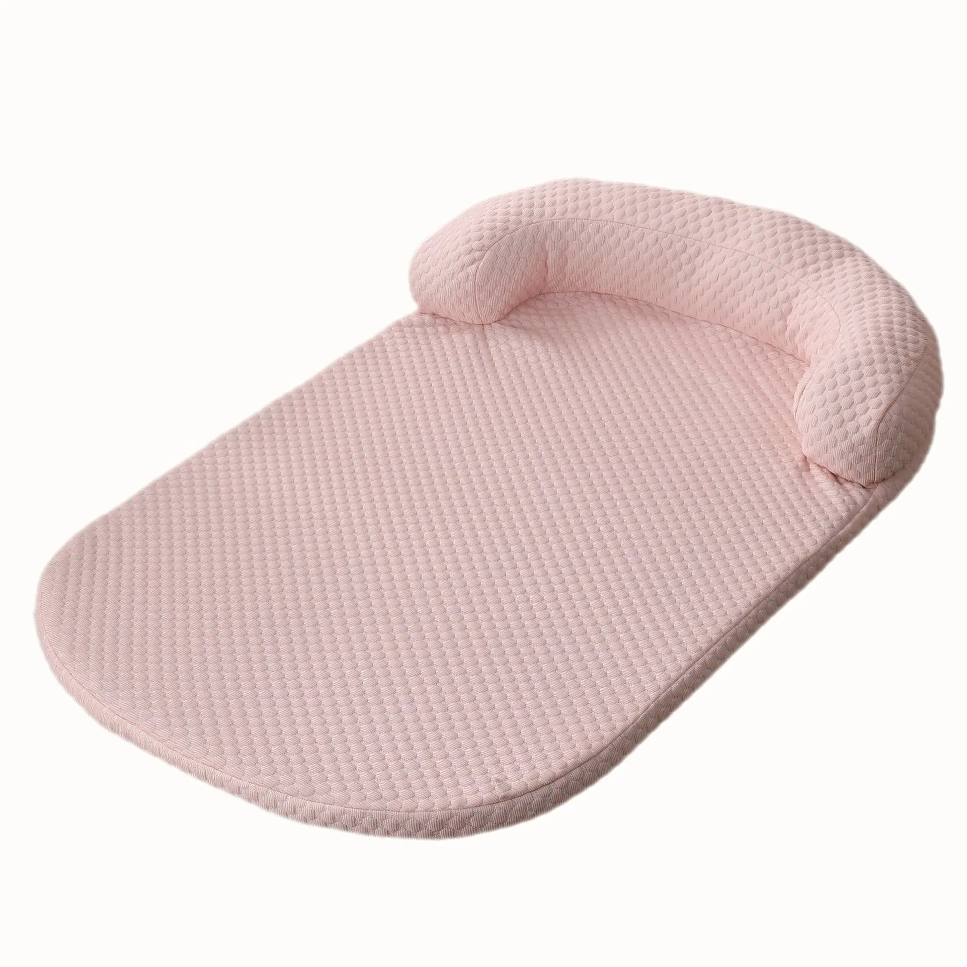 Pink ice-silk cooling pet bed with bolster pillow on white background
