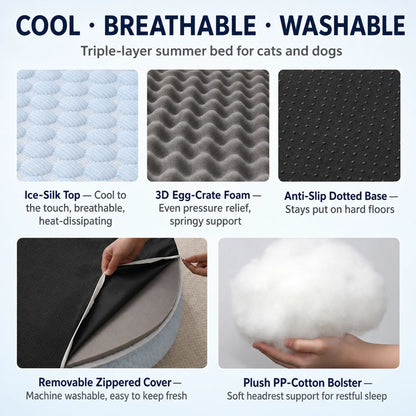 Three-layer cooling construction: ice-silk top, 3D egg-crate foam, anti-slip dotted base