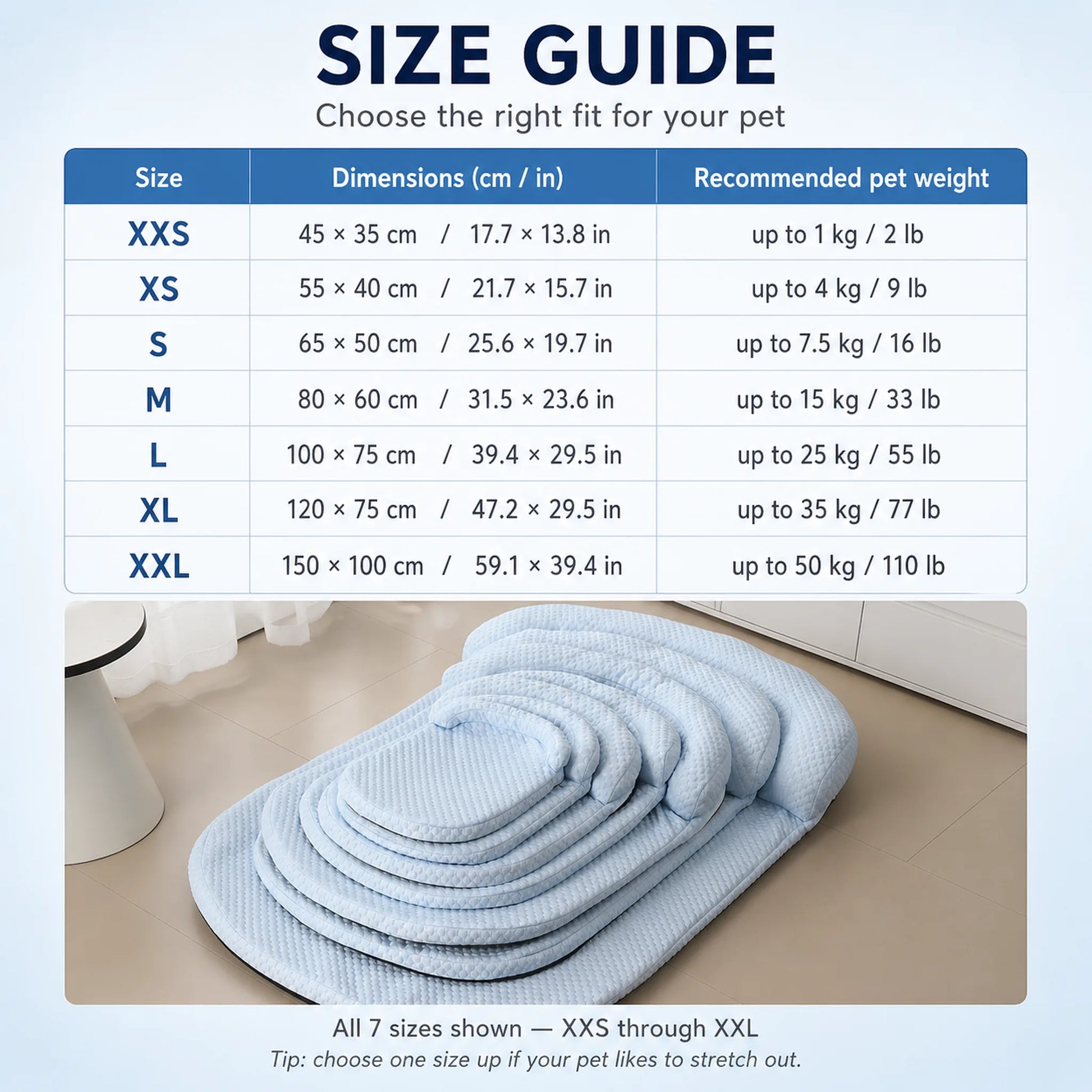 Pet cooling bed size guide for 7 sizes XXS to XXL