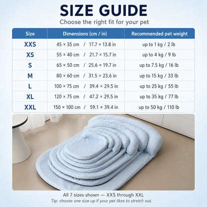 Pet cooling bed size guide for 7 sizes XXS to XXL
