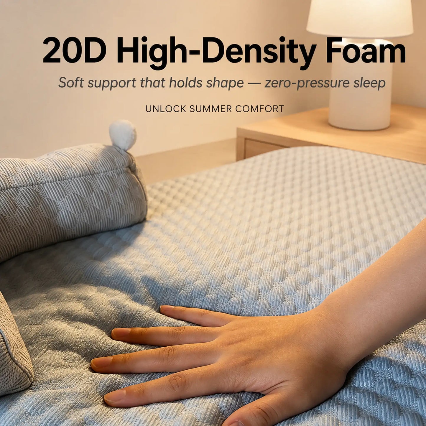 Hand pressing into 20D high-density foam cooling pet mat showing soft support