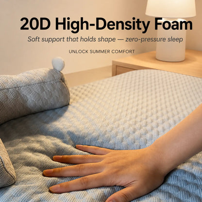 Hand pressing into 20D high-density foam cooling pet mat showing soft support