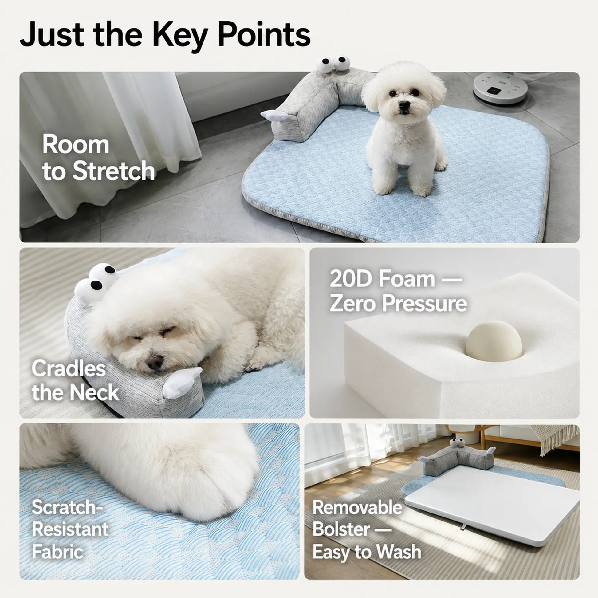 Cooling pet mat key features — spacious, cradles neck, 20D foam, scratch-resistant fabric, removable bolster