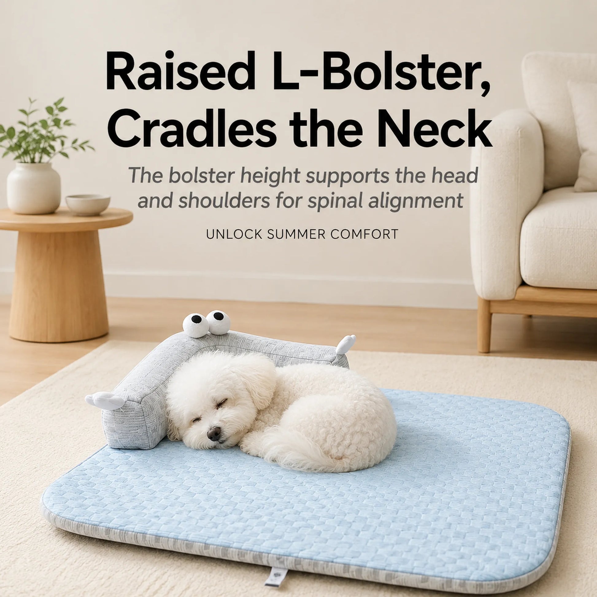 Bichon resting head on raised L-bolster pillow for cervical spine support