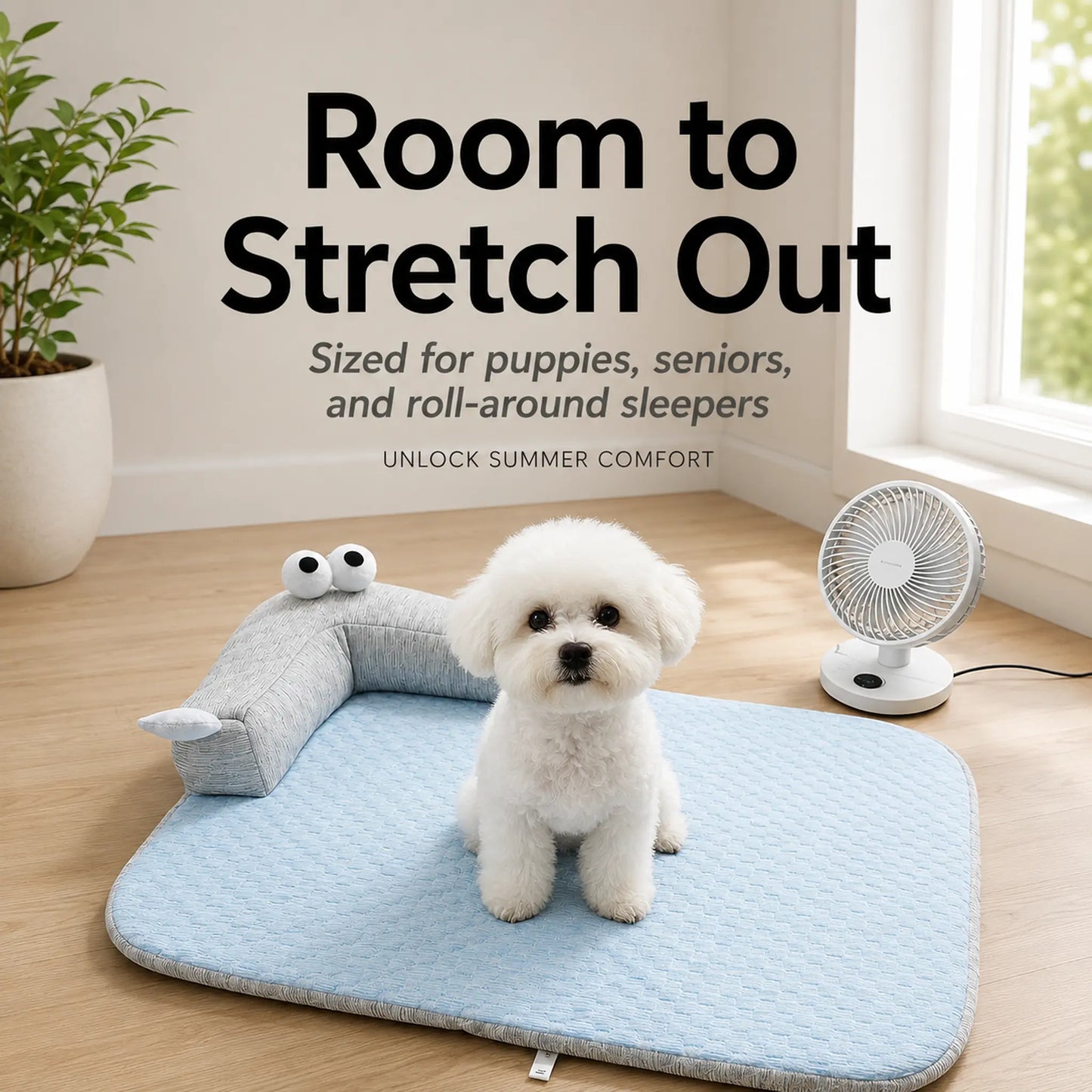 Bichon dog standing on cooling pet mat beside summer fan, room to stretch out