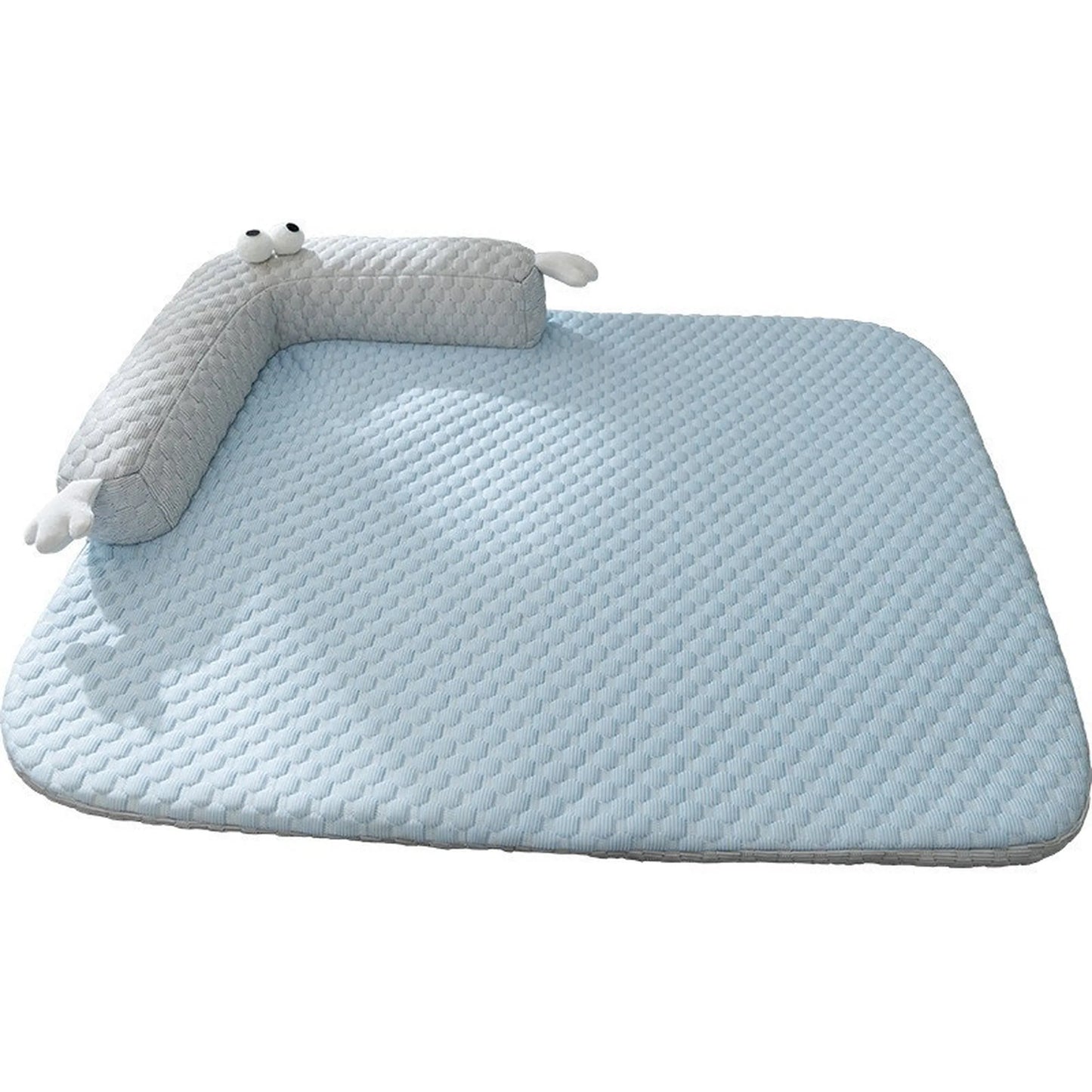 Sky Blue cooling pet mat with attached L-shape monster bolster pillow, top view
