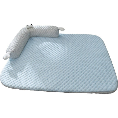 Sky Blue cooling pet mat with attached L-shape monster bolster pillow, top view