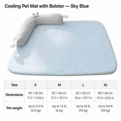 Sky Blue cooling pet mat with bolster — size chart S/M/L/XL with cm and inch dimensions