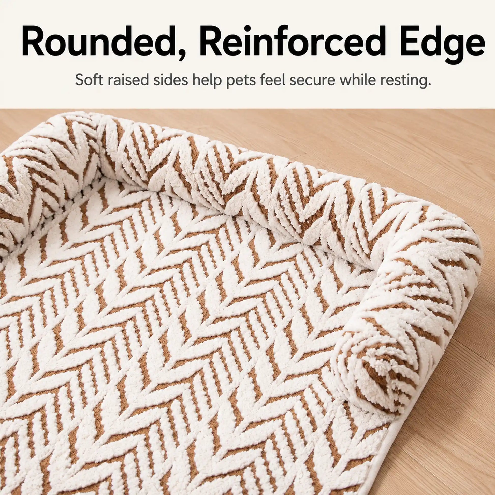 Rounded reinforced edge on plush sofa pet bed