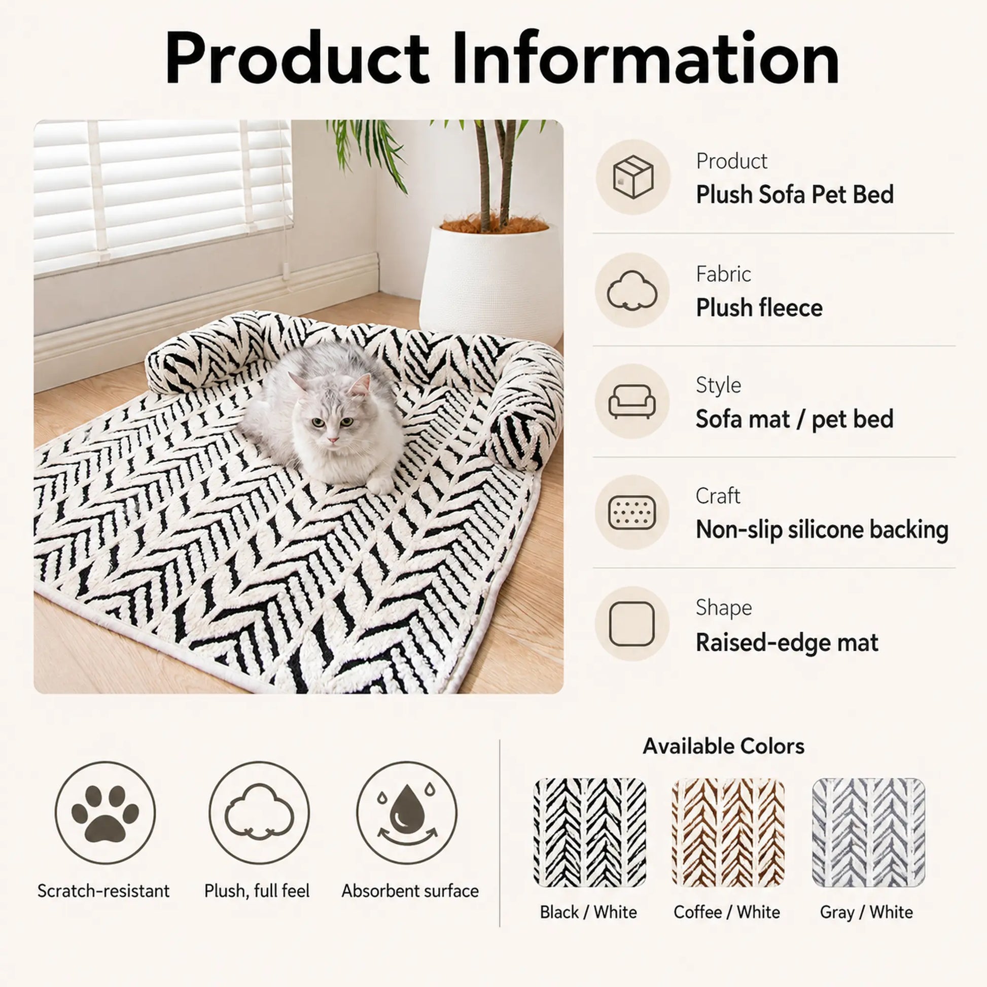 Product information for plush sofa pet bed with colors, fabric, and non-slip backing