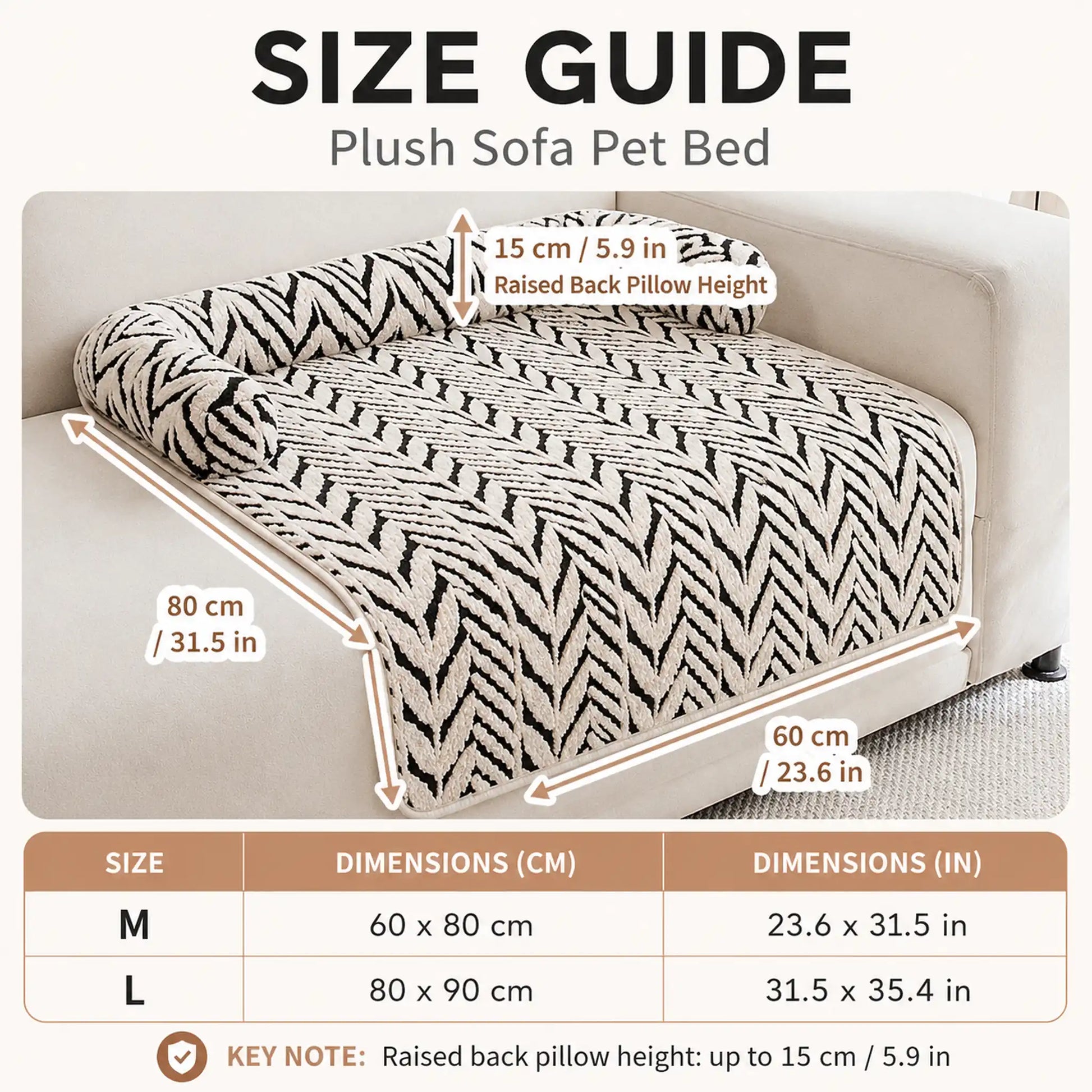 Size guide for plush sofa pet bed with 60 x 80 cm and 80 x 90 cm options