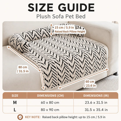 Size guide for plush sofa pet bed with 60 x 80 cm and 80 x 90 cm options