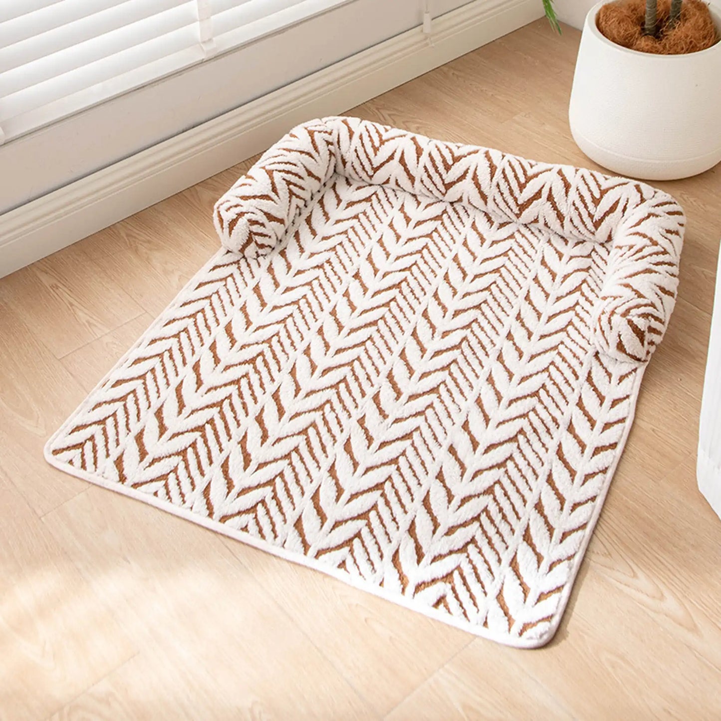 Coffee and white plush sofa pet bed color variant