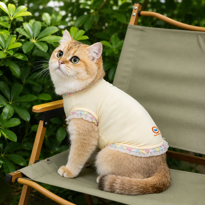 Cat wearing cream cooling pet shirt in outdoor chair
