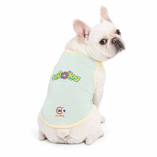 White French Bulldog wearing mint cream cooling pet shirt on white background