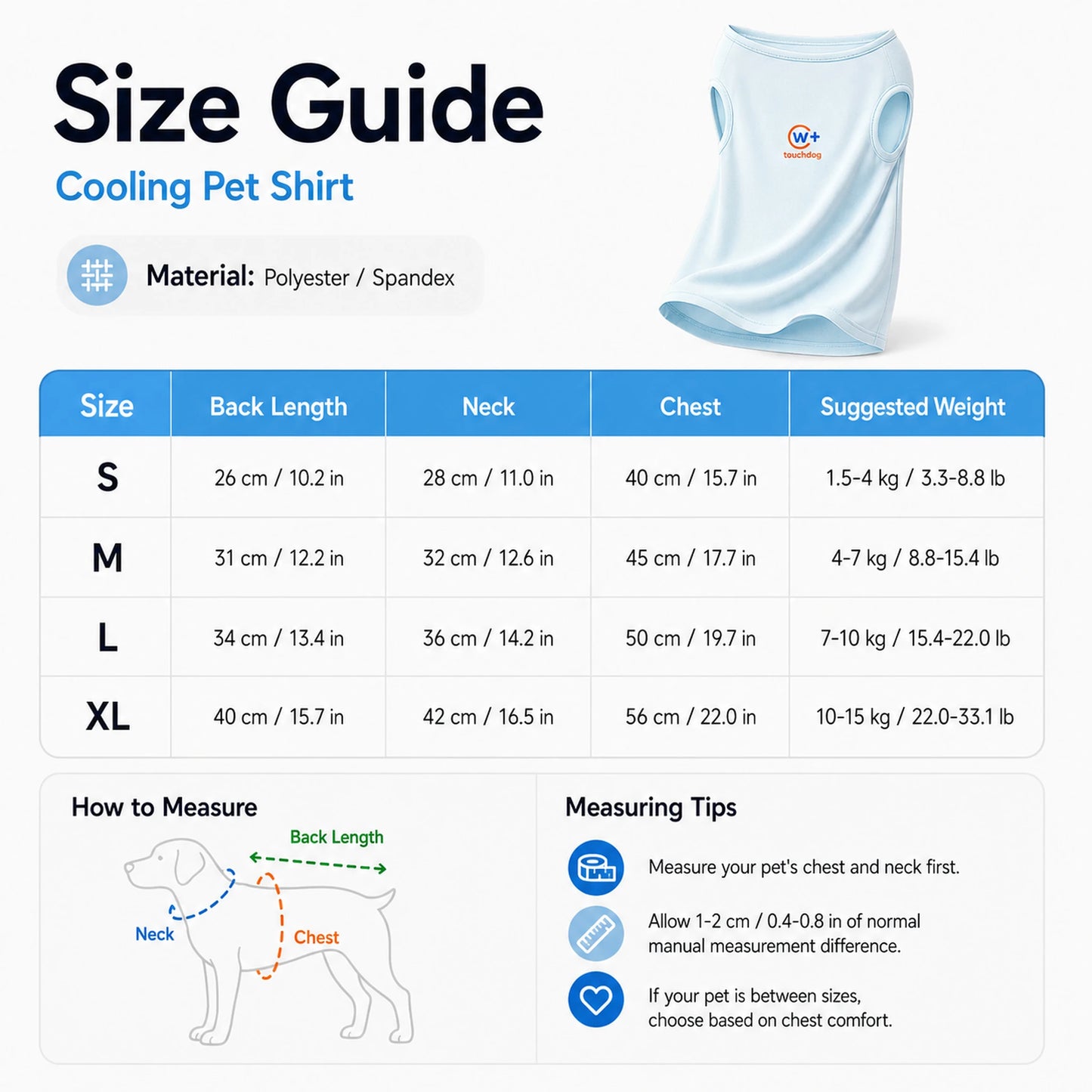 Size guide for cooling pet shirt S M L XL with chest neck back length