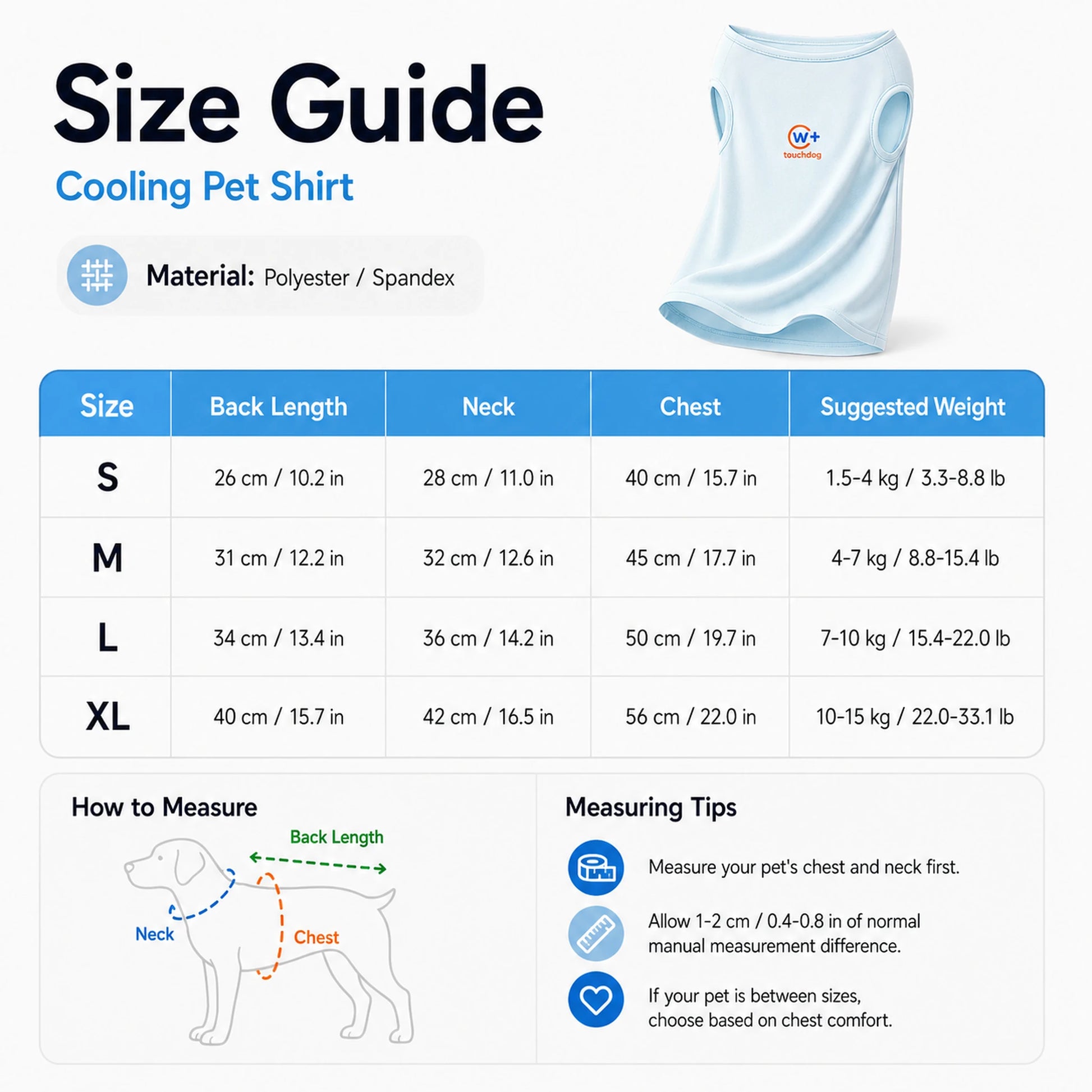 Size guide for cooling pet shirt S M L XL with chest neck back length