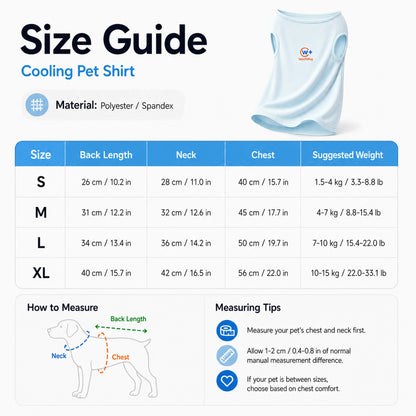 Size guide for cooling pet shirt S M L XL with chest neck back length