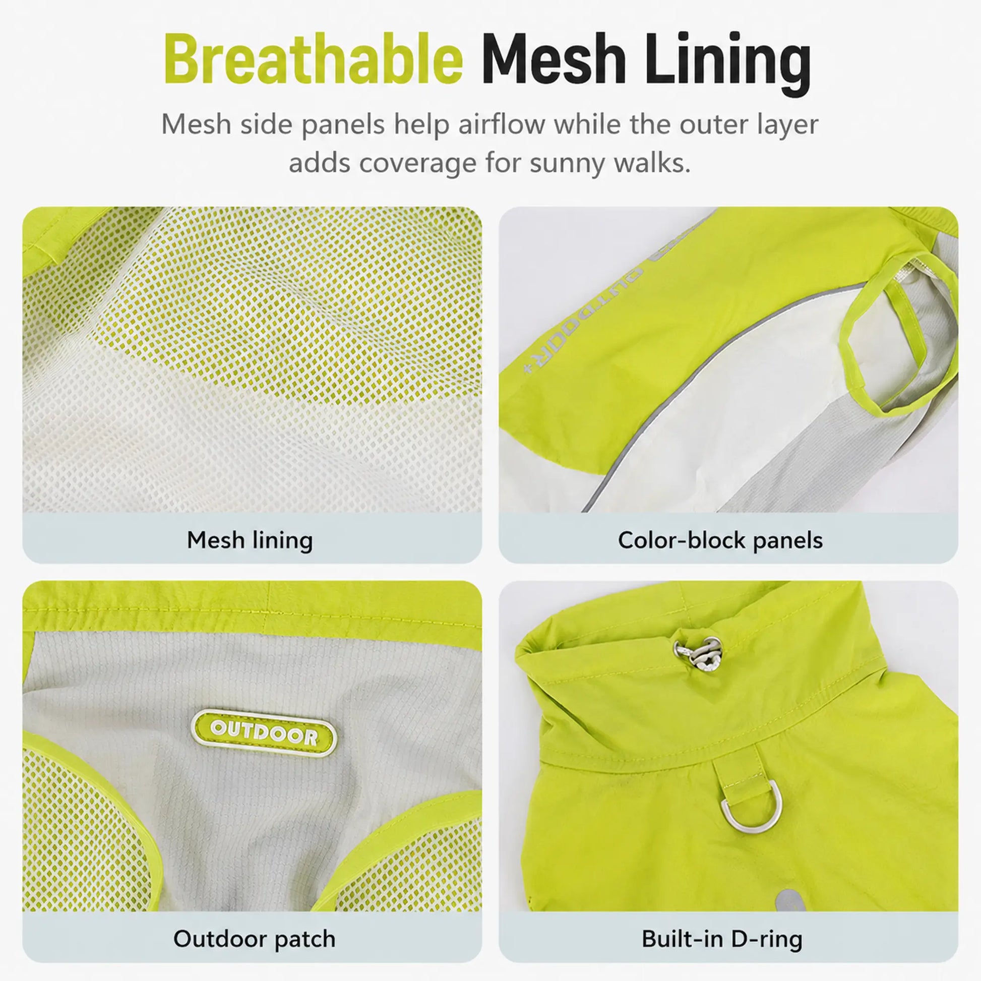 Breathable mesh lining and color-block panels on outdoor dog sun vest