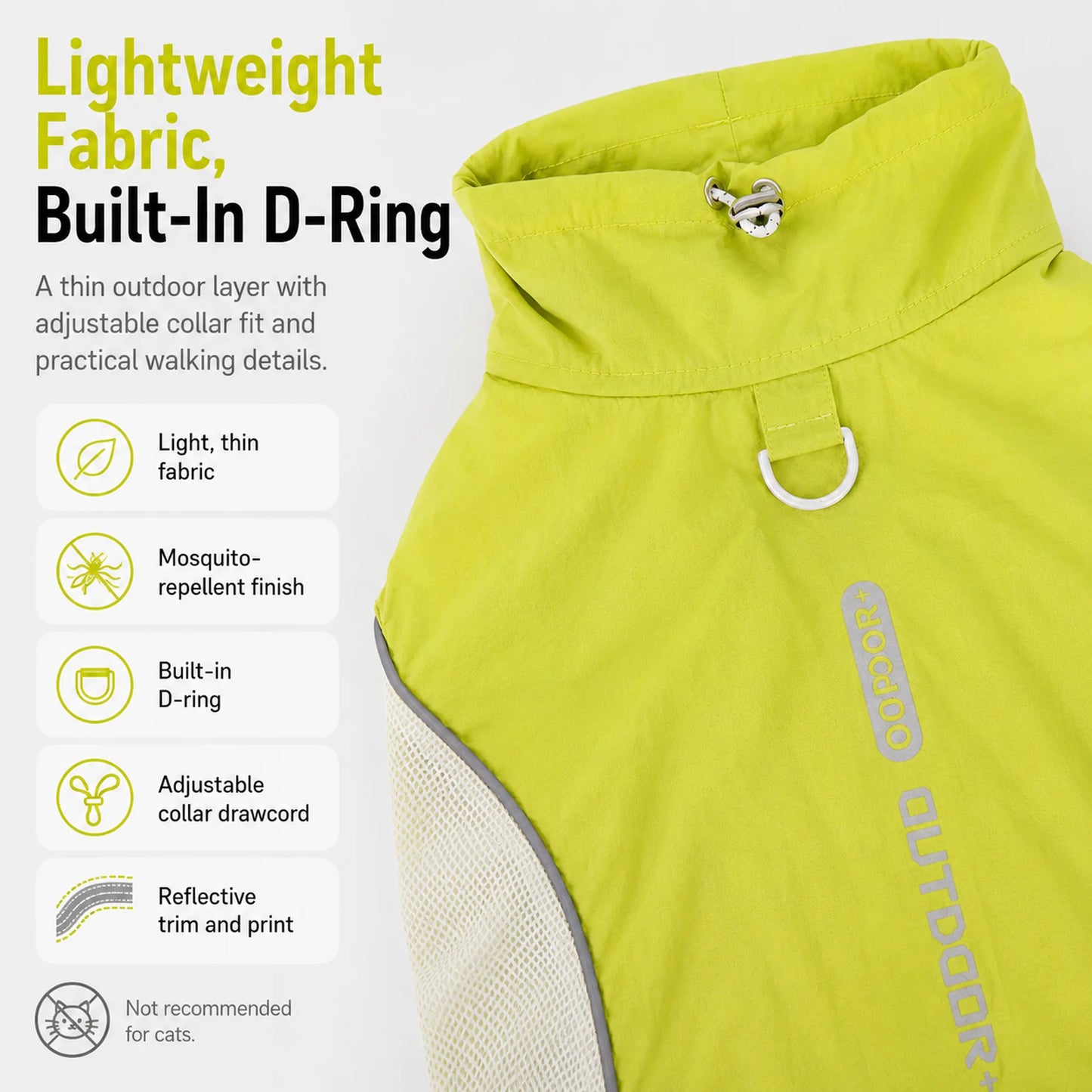 Lightweight fabric D-ring adjustable drawcord and reflective trim details