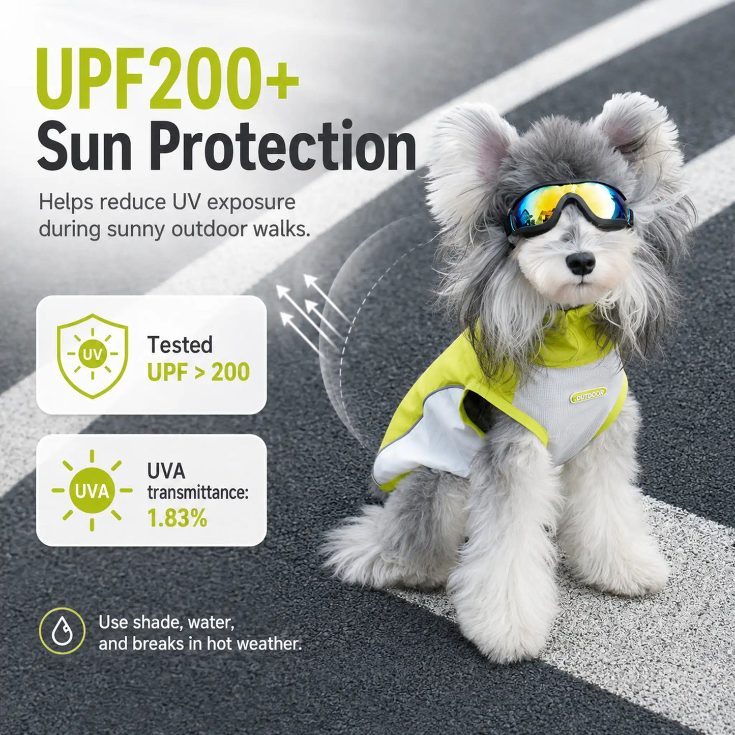 UPF200 plus sun protection feature for outdoor dog sun vest