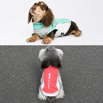 Outdoor dog sun vest lifestyle scenes with mint green and coral red colors