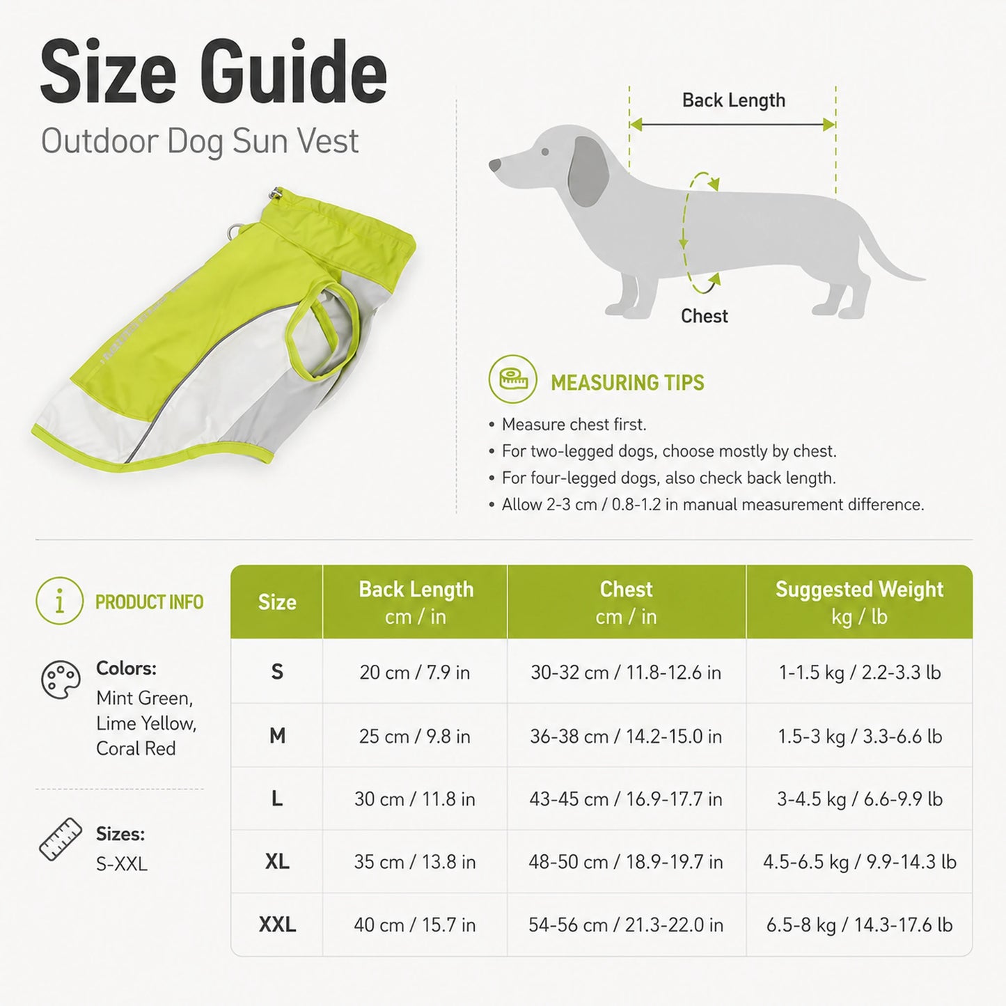Size guide for outdoor dog sun vest S M L XL XXL with chest and back length