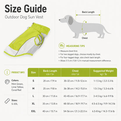 Size guide for outdoor dog sun vest S M L XL XXL with chest and back length